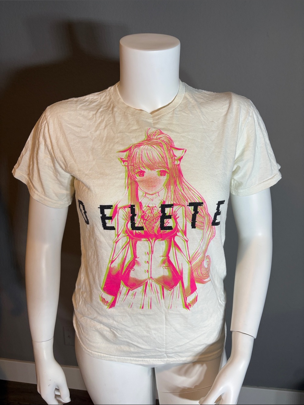 Cream Kids Anime Graphic Tee with Neon Pink Design